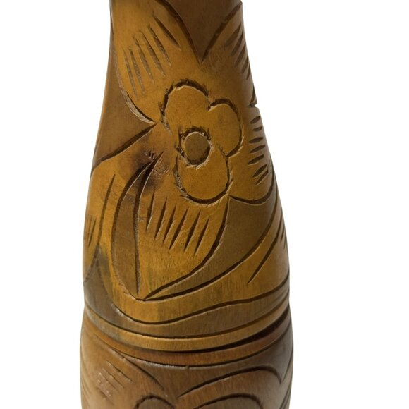 Vintage Hand Carved Wooden 2-Piece Pedestal Vase Etched Floral Design 13" MCM - Picture 3 of 9